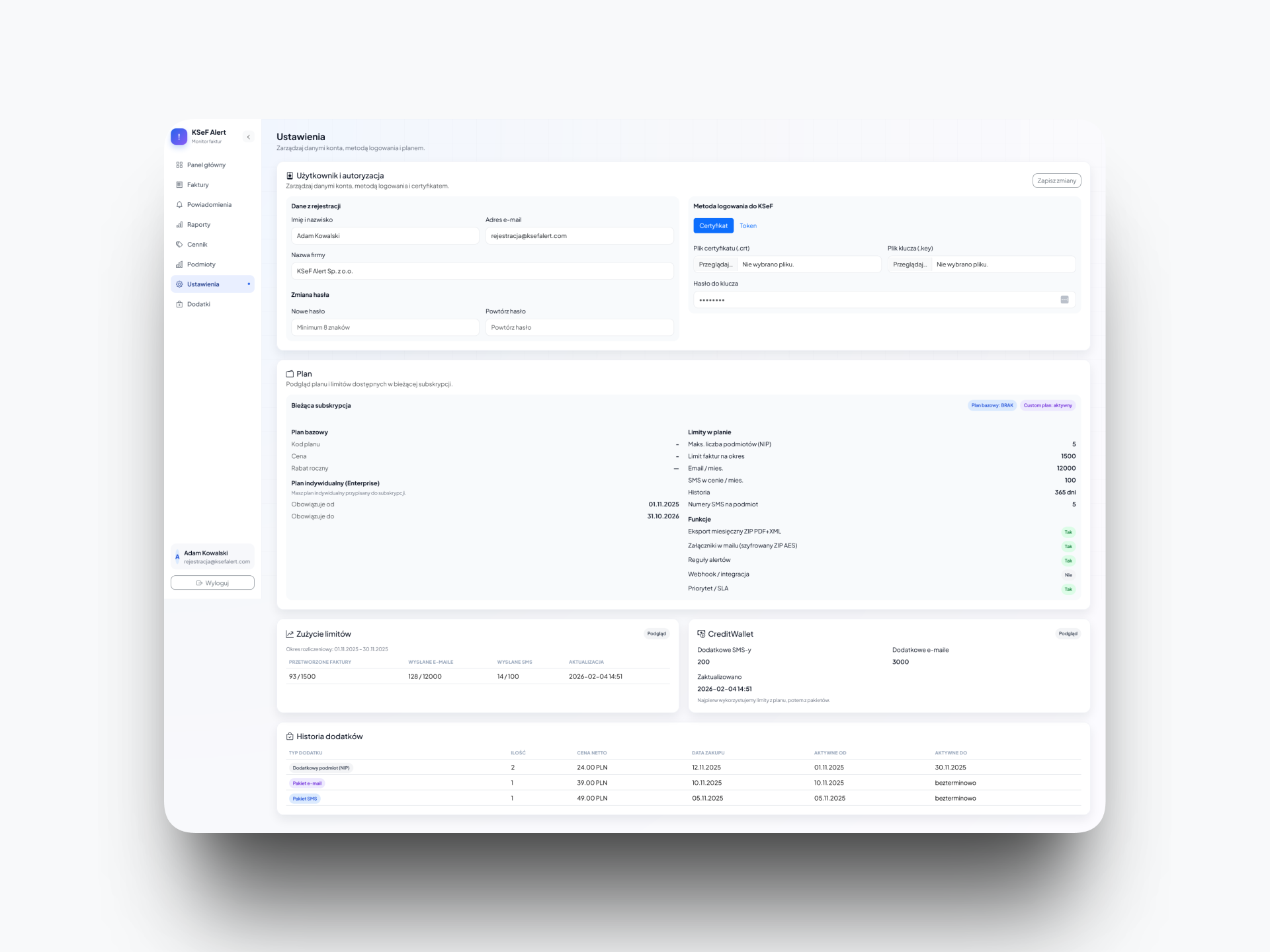 Ustawienia i uprawnienia w KSeF Alert
